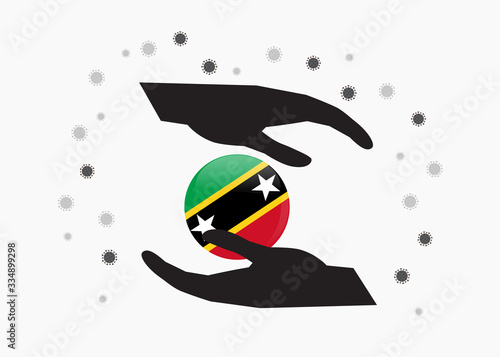 Hand holding Saint Kitts and Nevis flag in cycle symbol, Protect Kittitian or Nevisian people from coronavirus or COVID-19 concept, Save Saint Kitts and Nevis, sign symbol background. photo