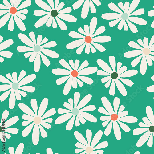 Green with creamy white simple daisy like florals seamless pattern background design.