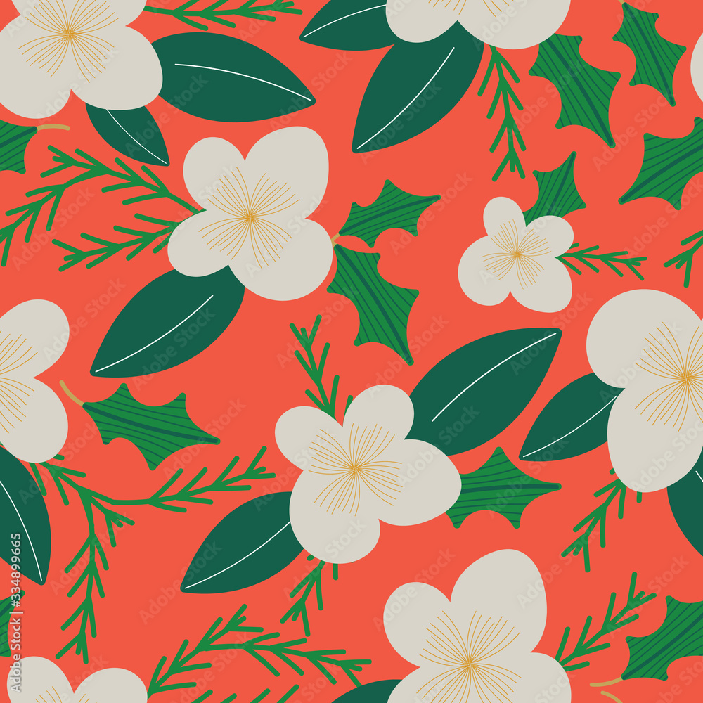 Fototapeta premium Coral Red with cream christmas florals and green leaves seamless pattern background design.