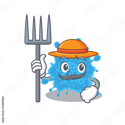 Cartoon character design of andecovirus as a Farmer with hat and pitchfork
