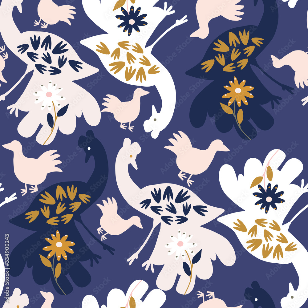 Dark blue with Large birds with flowers seamless pattern background design. Dark blue with Large birds with flowers seamless pattern background design.