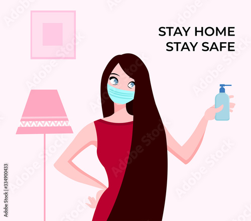 girl wearing face mask and showing sanitizer for preventing from corona virus or covid-19
