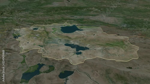 Uvs, province with its capital, zoomed and extruded on the satellite map of Mongolia in the conformal Stereographic projection. Animation 3D photo