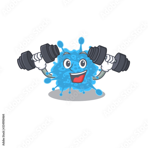 Mascot design of smiling Fitness exercise andecovirus lift up barbells
