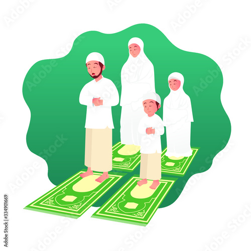 Muslim family praying together. ramadan concept illustration