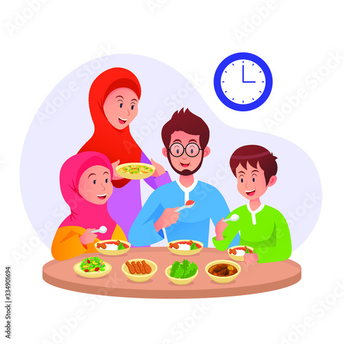 Muslim Family eating sahur or eat early morning before fasting day ramadan vector illustration