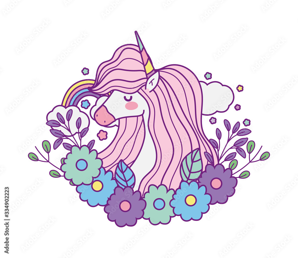 unicorn horse cartoon with flowers and clouds vector design