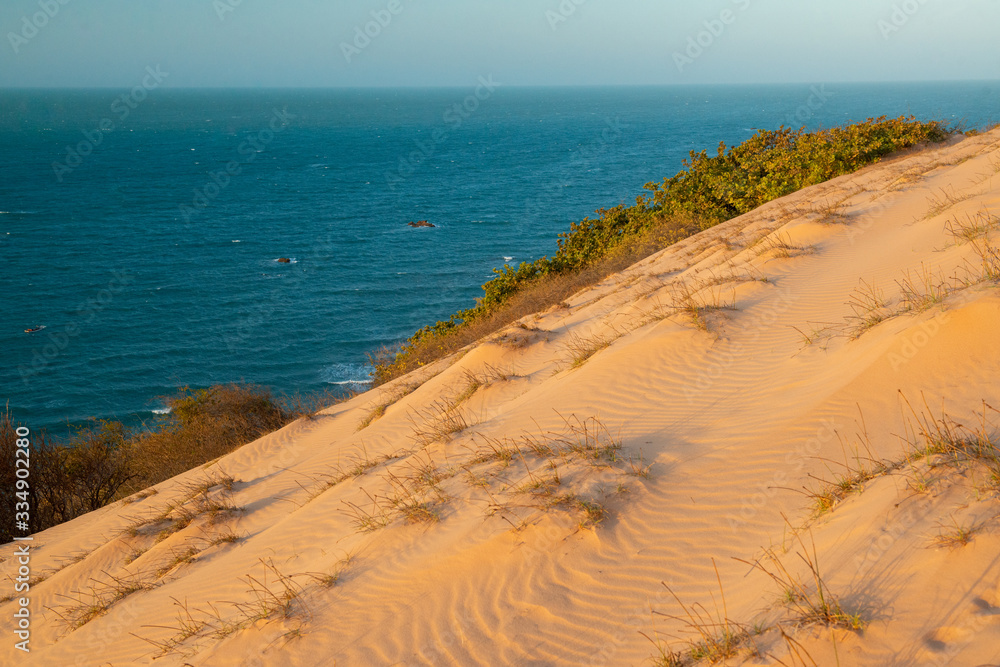 Top view of the famous dune of Ponta Grossa Beach, Icapui, Ceara, Brazil on September 5, 2016, highlighting the texture of the sand and natural vegetation with the sunset in the background