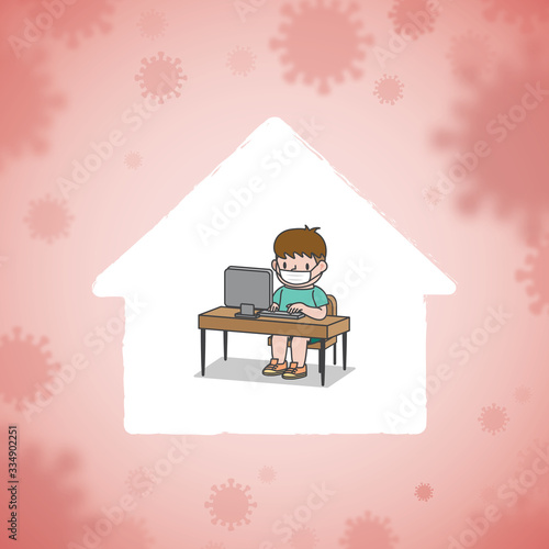 the young man working or studying on the desk and ware a mask inside home shape on Spreading COVID-19 banner pink background illustration vector. Coronavirus concept.