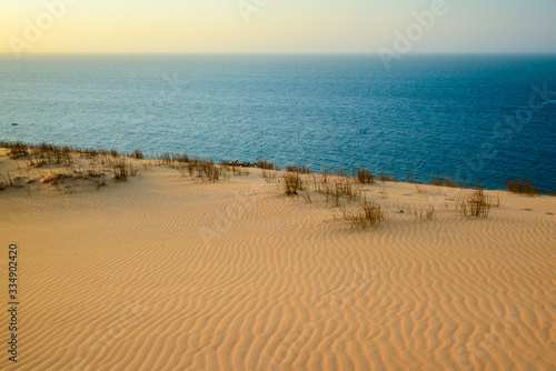 Top view of the famous dune of Ponta Grossa Beach, Icapui, Ceara, Brazil on September 5, 2016, highlighting the texture of the sand and natural vegetation with the sunset in the background