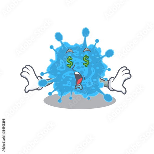 Rich cartoon character design of andecovirus with money eyes