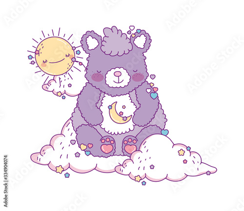 Cute bear cartoon with sun and clouds vector design