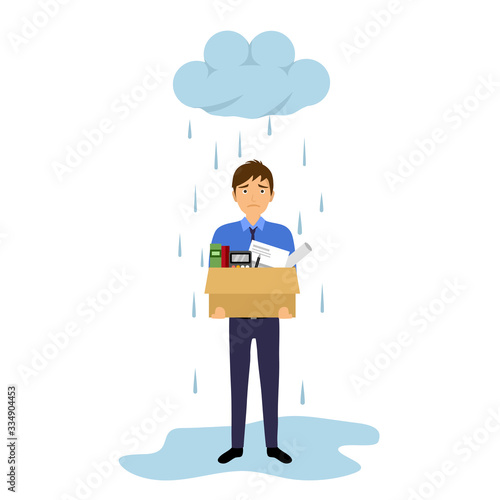 Businessman leaving job vector illustration on white background. Fired office worker in flat design. Employee firing concept. Company staff holding stuff under cloud and rain.