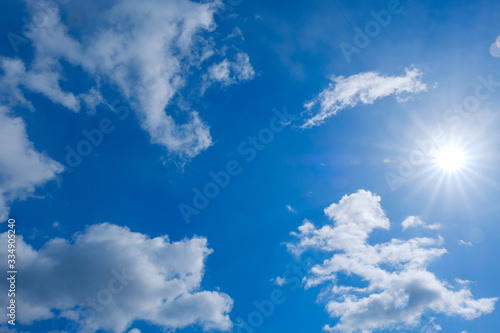 【写真素材】 青空 太陽 逆光 雲 春の空 背景 背景素材 3月 コピースペース 