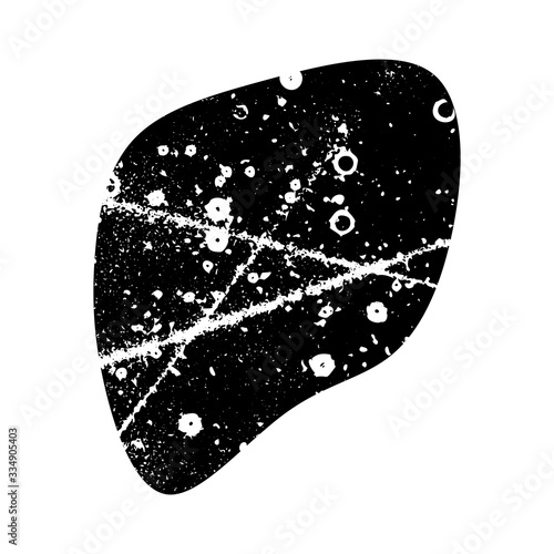 Abstract handmade artwork. Modern liquid geometric shape, bubble, spot, blob. Distressed texture. Ink splatter surface trace. Halftone grainy background. Isolated on white. Vector illustration EPS 10