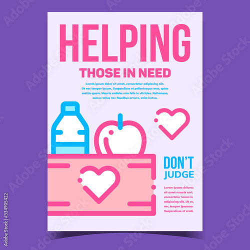Helping Those In Need Advertising Banner Vector. Money Banknote With Heart, Apple Fruit And Milk Bottle Products On Creative Promo Poster. Concept Template Stylish Colorful Illustration