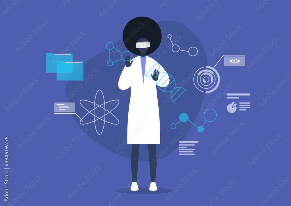 Biotech concept, young black female scientist wearing VR headset, digital images of molecules and infographics Biotech concept, young black female scientist wearing VR headset, digital images of molecules and infographics