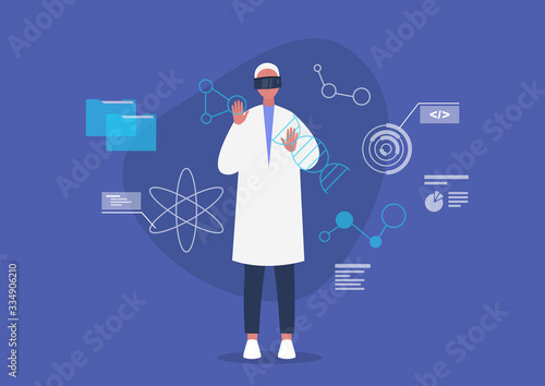 Biotech concept, young male scientist wearing VR headset, digital images of molecules and infographics