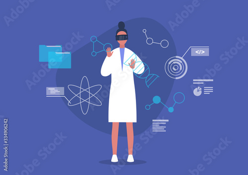 Biotech concept, young female scientist wearing VR headset, digital images of molecules and infographics