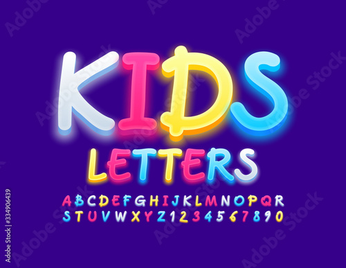Vector Kids Alphabet. Creative bright Letters and Numbers. Glowing Colorful Font