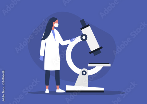 Young female scientist looking through the microscope, lab research,  coronavirus pandemic