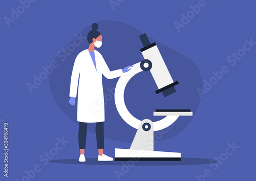 Young female scientist looking through the microscope, lab research,  coronavirus pandemic
