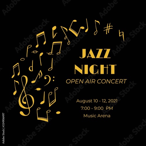 Jazz concert invitation with hand drawn music notes. Night club party flyer. Music festival template. Vector