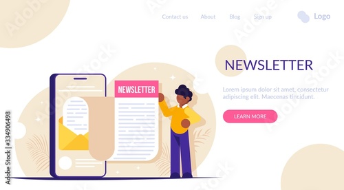 Newsletter concept. The man opened the news email received on his smartphone. Notice of a new message. Modern flat vector illustration.