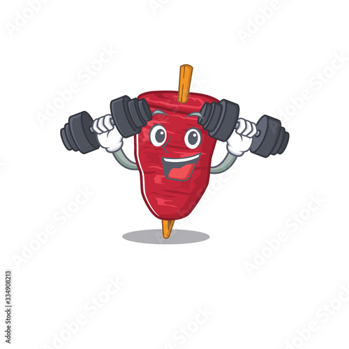 Mascot design of smiling Fitness exercise doner kebab lift up barbells