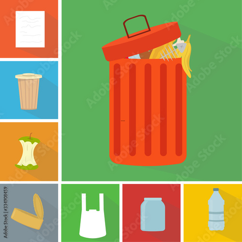 Full trash bin with mixed garbage and different kinds of trash
