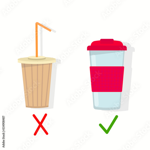 Disposable cup vs reusable cup. Less plastic, vector