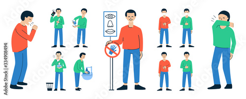Set of isolated vector illustrations. Coughing, sneezing. Man with a fever calling a doctor. Washing hands. Personal hygiene. Do not touch eyes, mouth, nose. Healthy, smiling people. Face mask