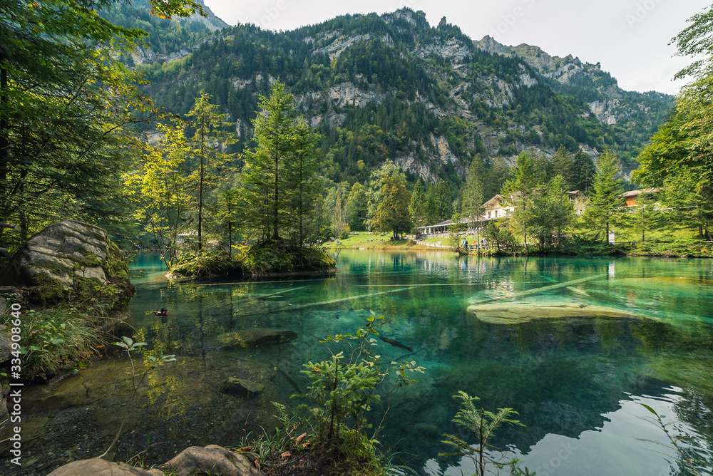 A scenic view of the beautiful turquoise crystal clear water of the Blausee lake surrounded by forest and mountains in Kandergrund, Switzerland. 