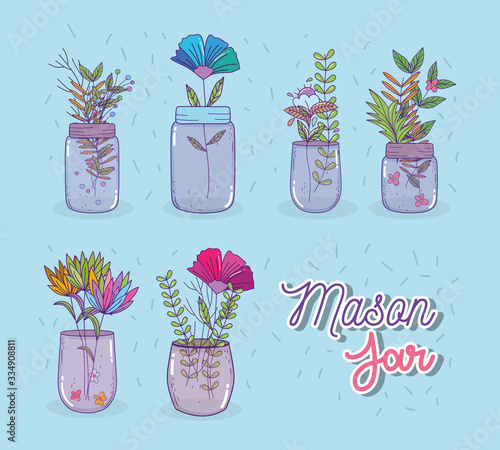 Mason jars with flowers and leaves set vector design