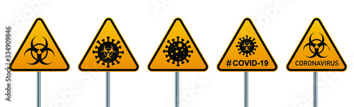 Coronavirus warning sign in a triangle and warning tape vector illustration. Coronavirus in Europe. Chinese virus outbreak. Global epidemic of COVID-2019.
