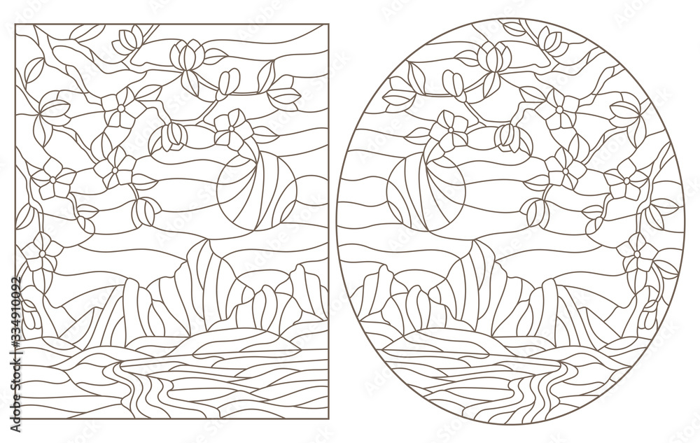 Naklejka premium A set of contour illustrations of stained glass Windows with landscapes, flowering branches against the background of mountains and sky, dark outlines on a white background