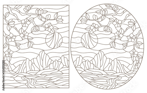 A set of contour illustrations of stained glass Windows with landscapes, flowering branches against the background of mountains and sky, dark outlines on a white background