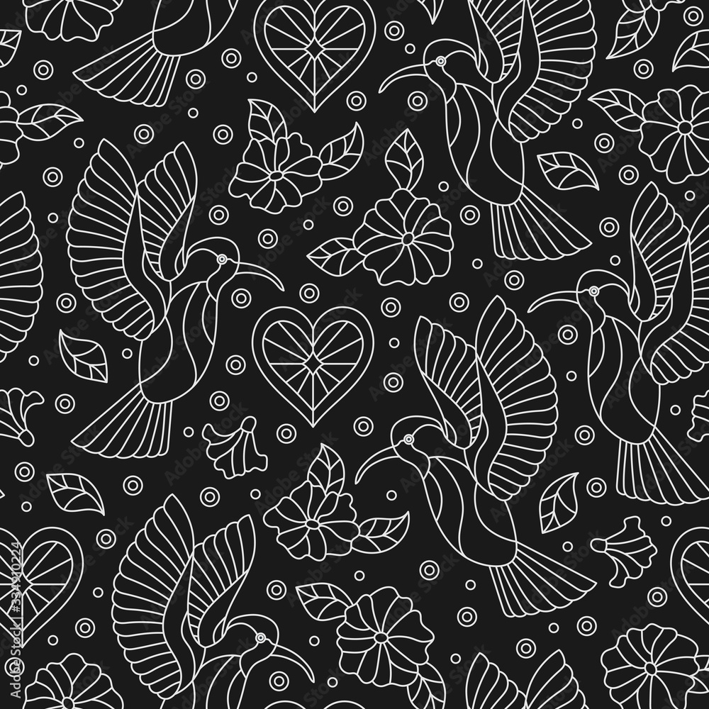 Seamless pattern with contour Hummingbird birds and flowers,contour images on a dark background Seamless pattern with contour Hummingbird birds and flowers,contour images on a dark background
