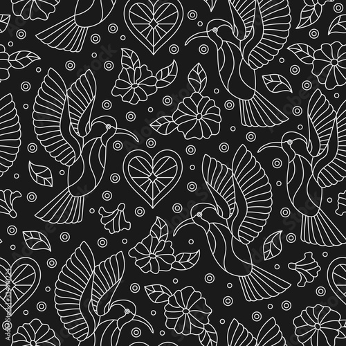 Seamless pattern with contour Hummingbird birds and flowers,contour images  on a dark background