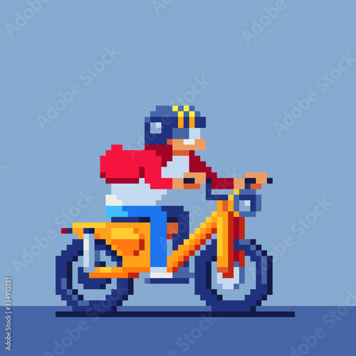 Rider E-bike rider Man rides a moped, motorcyclist male character pixel art style, man character riding motorcycle. Design for logo, sticker, app. Isolated vector illustration.