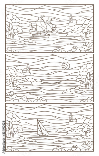 Set contour illustrations of stained glass seascapes,sailing ship and the lighthouse in rocky Bay on the background of sea