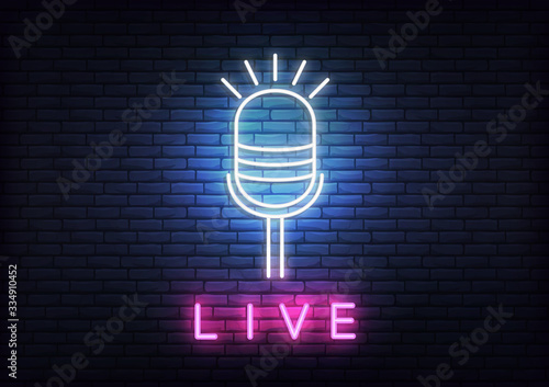Live neon template. Template with glowing live text and microphone