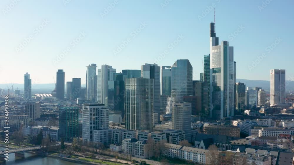Skyline and skyscrapers of frankfurt am main with the river cinematic panorama inflow aerial drone shot 4K 25p Skyline and skyscrapers of frankfurt am main with the river cinematic panorama inflow aerial drone shot 4K 25p