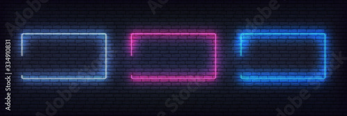 Border neon frame set. Blue, purple, white neon glowing background frames