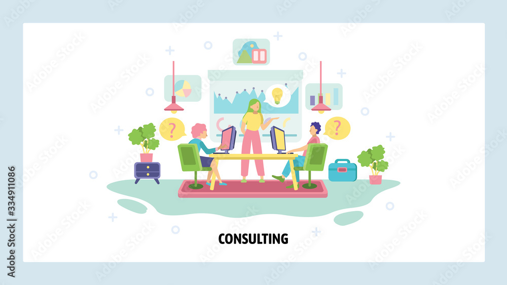 Business meeting and conference. Teamwork in office, business presentation and consulting. Consulting, coaching and training. Vector web site design template. Landing page website illustration. Business meeting and conference. Teamwork in office, business presentation and consulting. Consulting, coaching and training. Vector web site design template. Landing page website illustration.