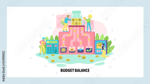 Home budget and family finance. Money spending flows, costs and expences planning. Personal savings. Vector web site design template. Landing page website illustration.