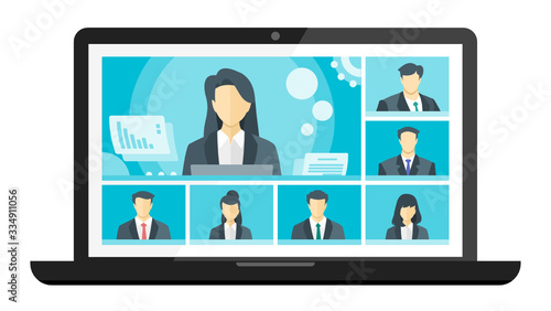 7 Panels Online Virtual Remote Meetings, TV Video Web Conference Teleconference Female Main. Company CEO President Executive Manager Boss Employee Team Work Learn From Home WFH Live Stream Webinars