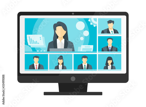 7 Panels Online Virtual Remote Meetings, TV Video Web Conference Teleconference Female Main. Company CEO President Executive Manager Boss Employee Team Work Learn From Home WFH PC Live Stream Webinars