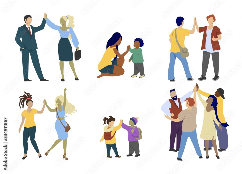 Happy people giving high five hand gesture, vector flat isolated illustration