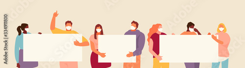 People group in medical masks with posters. Coronavirus epidemic warning. Vector template with place for text